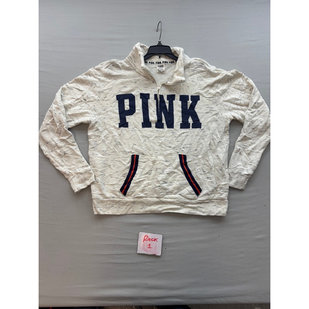 Victorias Secret PINK Quarter Zip Pullover Sweatshirt Cream Marl Logo Medium